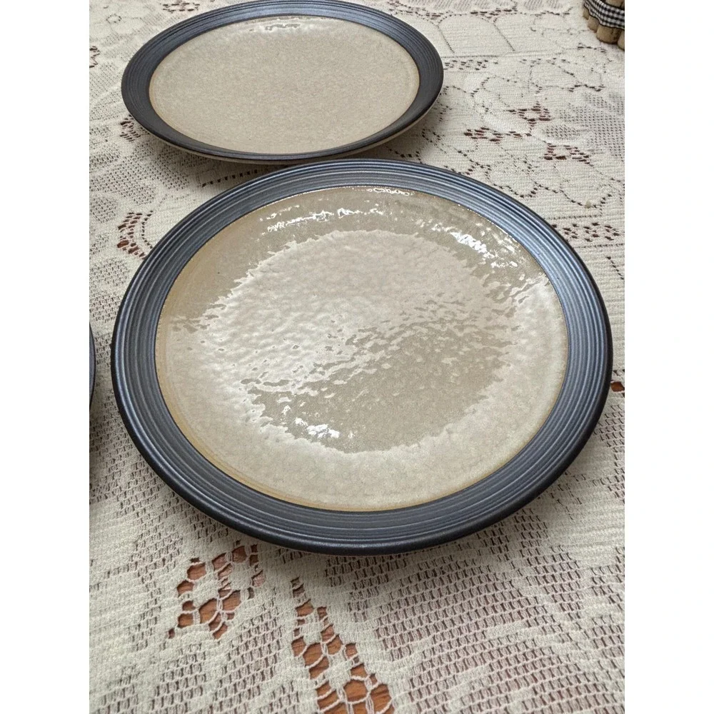 Sango Omega Pearl 4662 Salad Plates Set of 4 Stoneware Grey Black Rim 8.25